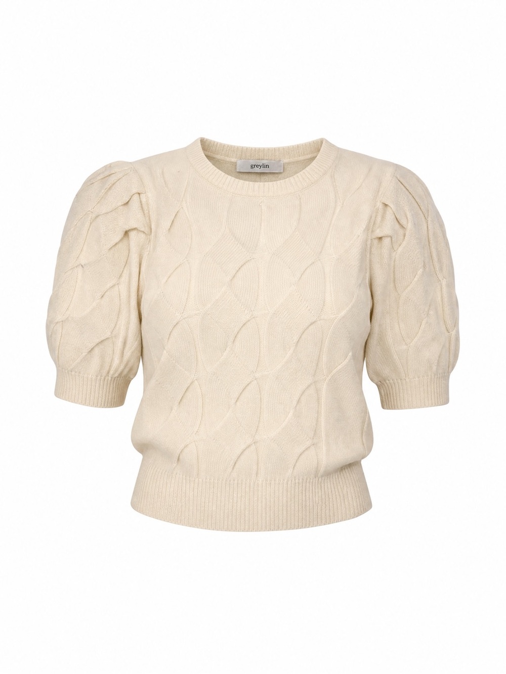 Greylin🎀Cream Cable-Knit Puff Sleeve Crewneck Sweater🎀Large🎀Minimalist Chic🎀